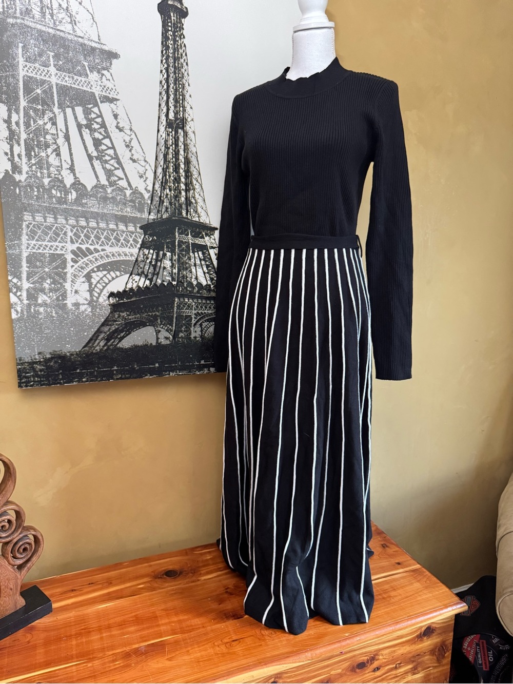Zesica Black Ribbed Dress with Vertical White Stripes NWT (see description)
